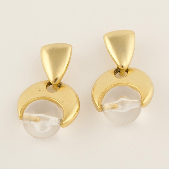 Vintage Gold Tone Clear Lucite Ball Dangle Earrings - Picture 3 of 5